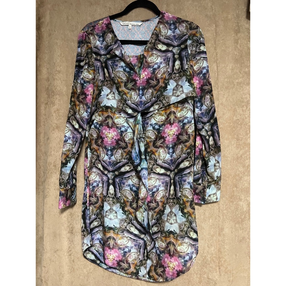 Rachel Rachel Roy Kaleidoscopic Floral Print Shirt Dress Purple Pink Blue Size 4
